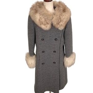 Vintage 60s Fur Coat Womens Medium Gray Textured  Double Breasted Mod Glam